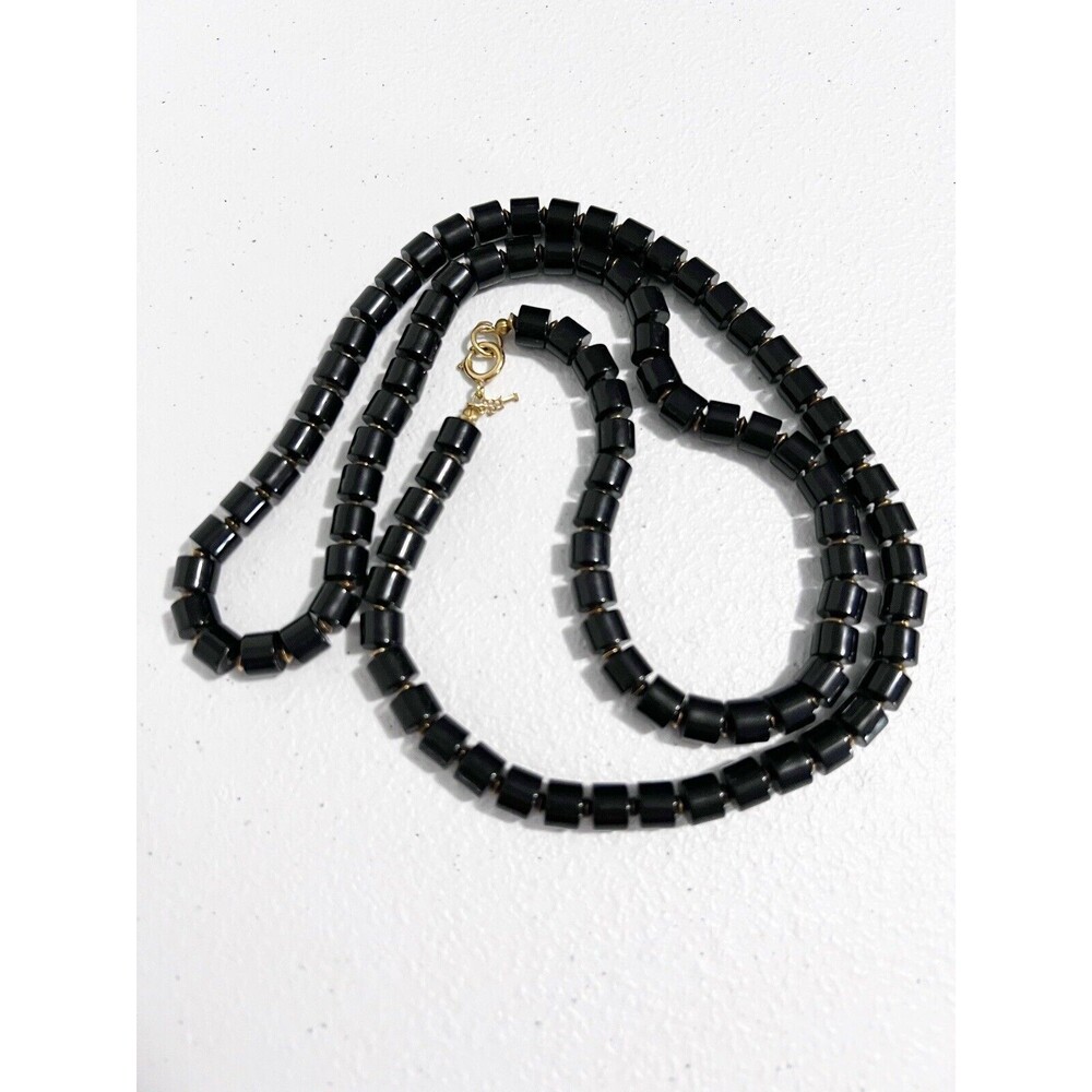 Vintage Crown Trifari Black Lucite Cylinder Beads Necklace Goldtone Metal 30"